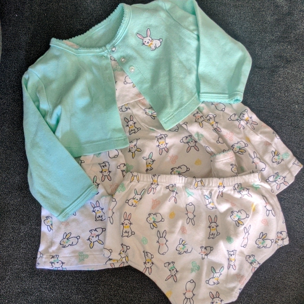 Easter/Spring Dress w/ Bunny Cardigan and bloomers! 9m.